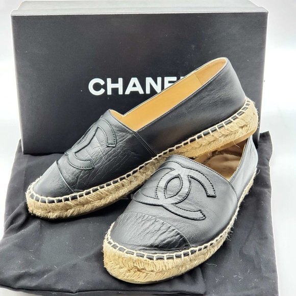 CHANEL Shoes - 100% Authentic Chanel CC Lambskin Black Espadrille Shoes